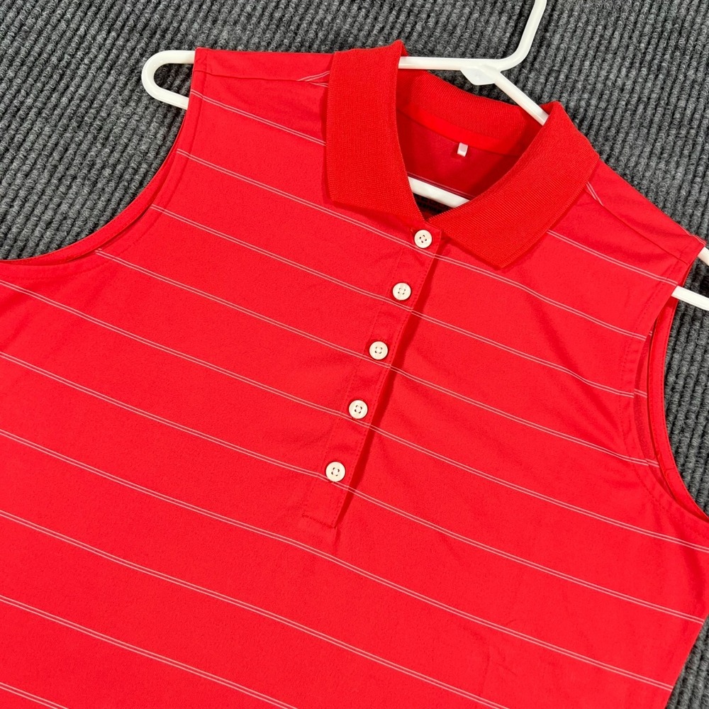 Nike Dri Fit Polo Shirt Womens Medium Red Sleeveless Striped Golf Tour Performan
